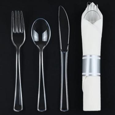 Imagem de Pacote com 100 conjuntos de talheres transparentes pré-enrolados – talheres de plástico transparente resistente, talheres descartáveis embrulhados e guardanapos para casamentos, festas, eventos