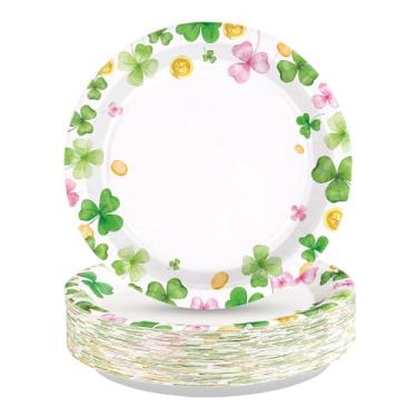 Imagem de Greencian 50 peças de decoração de festa de aniversário de Dia de São Patrício, 25,4 cm, grande, resistente, com glitter, pratos de papel trevo, trevo, ferradura, guirlanda, para meninas, suprimentos