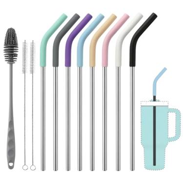 Imagem de XccMe Canudos de substituição para copos Stanley de 1,134 g, pacote com 8 canudos de metal reutilizáveis, compatíveis com copo de 1,134 g, canudo de aço inoxidável extra longo de 30 cm com pontas de