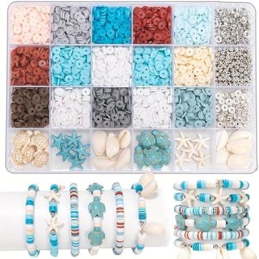 Imagem de Kit de fabricação de joias de praia com 2600 peças, grande concha azul do mar, estrela do mar, tartaruga marinha e contas turquesa kit para contas náuticas DIY, artesanato de criaturas marinhas