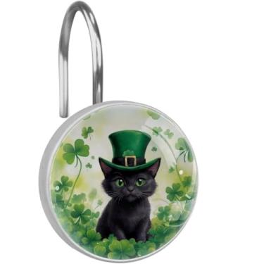 Imagem de 12 ganchos de cortina de chuveiro de trevo de gato do dia de São Patrício, à prova de ferrugem, decorativos, para cortina, rolo, anéis de chuveiro redondos de aço inoxidável para banheiro