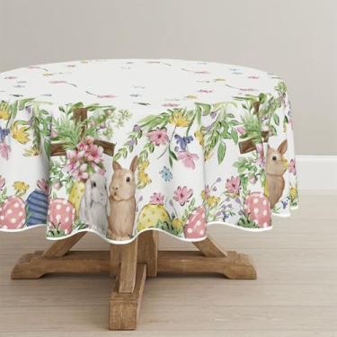 Imagem de Horaldaily Toalha de mesa redonda de Páscoa, 228 cm x 234 cm, rosa, coelhinho da Páscoa, ovos, lavável, para decoração de festa, piquenique, jantar