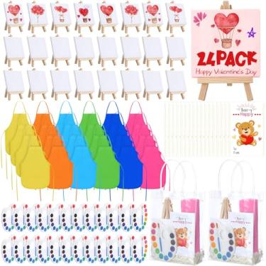 Imagem de AmazingSpark 24 Set Valentine's Day Mini Watercolor Paint Set Bulk with Easel, Canvas, 12 Colors Watercolor Palette, Brush, Clear Bag, Gift Card, Painting Apron for Party Art Supplies(Classic Color)