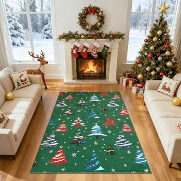 Imagem de Garvee Tapetes de 10 x 15 cm para sala de estar, tapetes de Natal com padrão de árvore de Natal para decoração de férias, tapete lavável antiderrapante para cozinha, entrada, quarto, verde