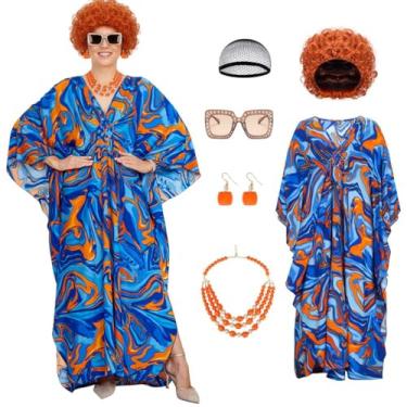Imagem de CLEDARM 6 peças de fantasia feminina de senhoria caftan vestido cacheado peruca colar brinco conjunto de joias conjunto de joias Halloween cosplay roupa, Azul, Tamanho Único