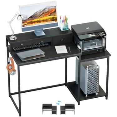 Imagem de SINPAID Mesa de computador de 119 cm com prateleira de impressora, mesa de jogos com suporte para monitor e gavetas, mesa de escritório em casa reversível com prateleiras de armazenamento e 2 ganchos