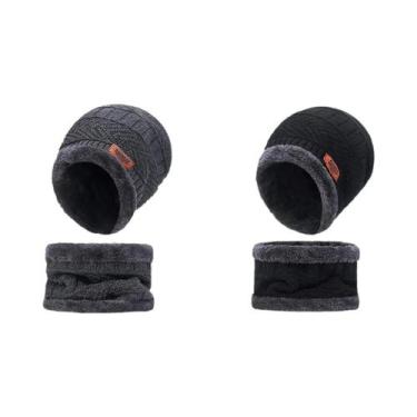 Imagem de Gorro De Inverno Masculino Com Forro De Fleece, Cachecol De Lã Grosso,