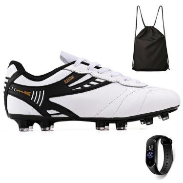 Imagem de Kit Chuteira de Couro Futebol Campo Grama Natural + Mochila e Relogio Adulto-Unissex