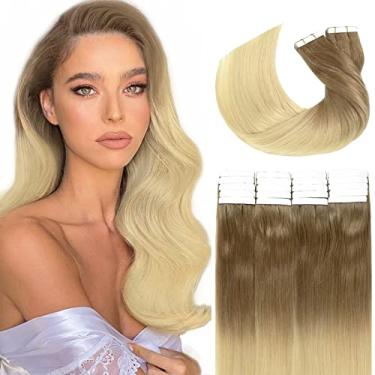 Imagem de Loxxy Extensões de cabelo com fita adesiva invisível reutilizável trama remy cabelo humano dois tons ombré marrom dourado desbotando para branquear cor loira T # 10-613 Liso natural 50 g 20 peças