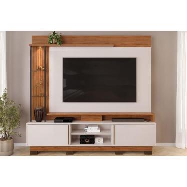 Imagem de Rack Bancada C/ Painel P/ Tv Até 70 Polegadas Martino Prateleira Nichos E Pés 200x190cm Freijó/off White - Dj Móveis