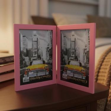 Imagem de Porta Retrato Duplo Vertical 15x21 Moldura de Madeira Rosa com Vidro