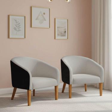 Imagem de Poltrona Sala Decorativa Kit 2 Stella Pé Madeira Trapézio Castanho Sintético Pu Preto-bouclê Cinza D03 - D'rossi