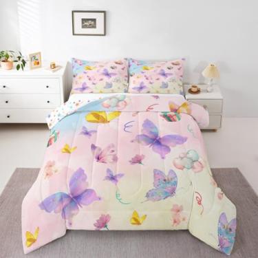 Imagem de Feelyou Conjunto de cama com borboleta, macio, para meninos e meninas, floral, tamanho casal, edredom fofo, microfibra, floral, decoração de quarto, rosa claro, roxo, 3 peças com 2 fronhas