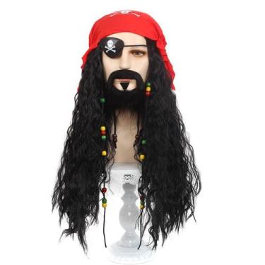 Imagem de Peruca de cosplay pirata com bandana de caveira vermelha, tapa-olho e 