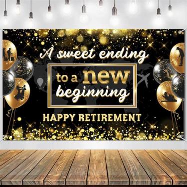 Imagem de Banner de decorações de festa de aposentadoria em ouro preto 180x110cm