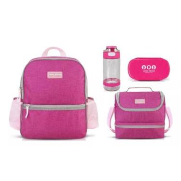 Imagem de Kit Mochila Escolar Lancheira Térmica Marmita Garrafa Squeeze Kids - J