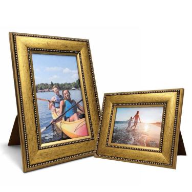 Imagem de Conjunto Porta Retrato 10x15 e 20x21 Madeira Dourado Luxo Moldura Larga 4,5cm com Vidro Multi Posição