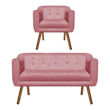 Imagem de Sofá Namoradeira e 1 Poltrona Julia Pé Palito Castanho Suede Rosê M11 