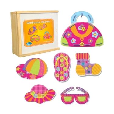 Imagem de Brinquedo Pedagógico de Alinhavo Objetos 06 Peças em MDF com Cadarços Coloridos Sonho de Criança
