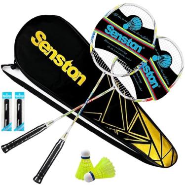 Imagem de Senston Raquetes de badminton para quintal e iniciantes, conjunto de 2 raquetes de fibra de carbono com bolsa, petecas - 10 kg de alta tensão, leve para adultos e família