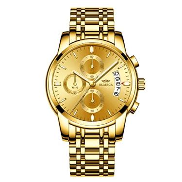 Imagem de Relógio de pulso masculino, relógio de quartzo com data, simples, casual, pulseira de aço inoxidável, cronógrafo, à prova d'água e à prova de arranhões, dourado