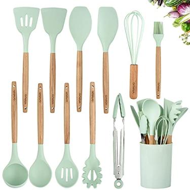 Imagem de VIVAYO Conjunto de utensílios de cozinha de silicone, 12 peças de utensílios de cozinha de silicone, alças de madeira, conjuntos de espátulas de cozinha com suporte colher e pinças, verde menta