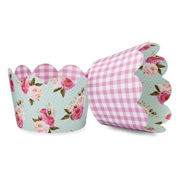 Imagem de Shabby Chic embrulhadores de cupcake florais para festas de aniversário de meninas, festas temáticas Boho, chá de bebê floral ou chá de panela e casamentos. Conjunto de 24 suportes de bolo reversíveis rosa, vintage floral