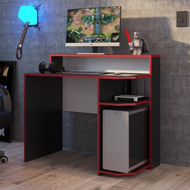 Imagem de Mesa Escrivaninha Gamer Organizadora Nicho Para Computador PC 4 Prateleiras Power Preto Vermelho