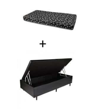 Imagem de Cama Box Baú Solteiro 88 - Bello Box Tecido Sintético Preto com Colchão Solteiro 88 New York Preto D28 - 100% Espuma - 14x88x188