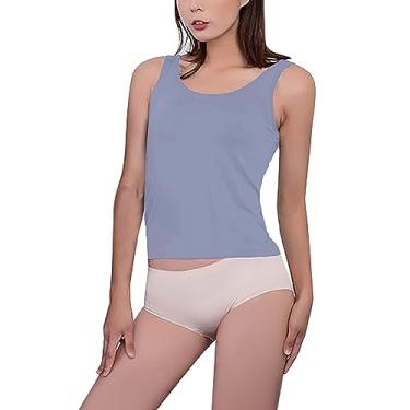 Imagem de Regatas femininas com sutiã embutido acolchoado básico sólido camiseta verão casual ioga atlética elástica conforto cam-i, Azul, GG