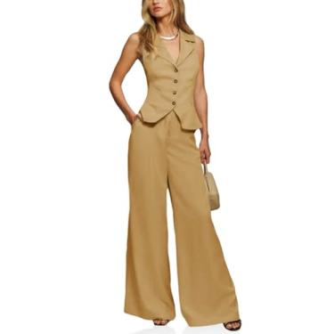 Imagem de Cicy Bell Conjunto de colete feminino de verão de 2 peças, blazer cropped de botão, colete e calça de perna larga, Caqui, GG