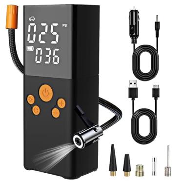 Imagem de Bomba de ar de pneu de carro portátil, compressor de ar portátil sem fio com bateria de 2000 mAh e medidor de pressão de tela digital duplo grande, acessórios de conector de pneu de 150PSI para bola