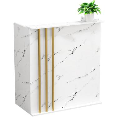 Imagem de Mesa de recepção pequena, balcão de recepção branco com gavetas bloqueáveis, balcão de varejo moderno, mesa, loja de conveniência, loja de roupas, barbearia, hotel, grão de pedra branca, com armários