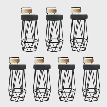 Imagem de Kit 07 Banqueta Com Encosto Botti Hexágono Cozinha Peroba Rosa Ferro Preto Suede Cinza - Ahz Móveis