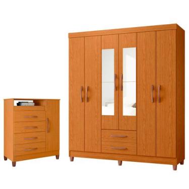Imagem de Quarto Solteiro Completo Guarda Roupa Âmbar 6 portas com Espelho Cômod