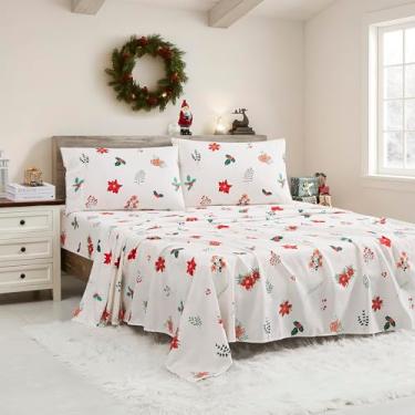 Imagem de Lençóis de Natal King Size com tiras de lençol embutidas – Roupa de cama aconchegante de Natal para alegria de férias e sonhos de inverno – Sono macio e confortável para celebrações sazonais, flores