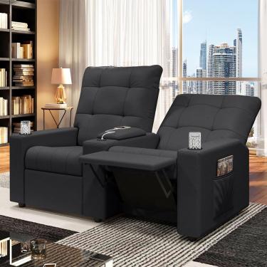 Imagem de Poltrona do Papai Reclinável Sala de Cinema Movie 2 Lugares Manual Baú USB Veludo Cinza Grafite G23