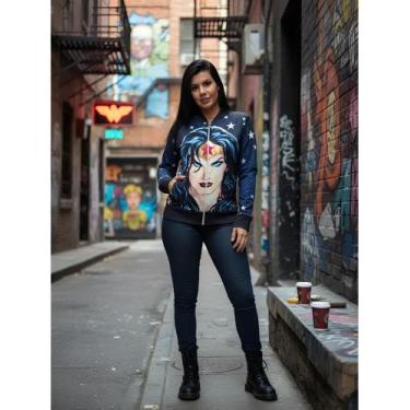 Imagem de Jaqueta feminina com zíper mulher maravilha azul - MISS FITNESS, Azul,