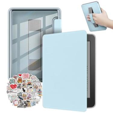 Imagem de Capa para Kindle Paperwhite 12ª geração lançado em 2024 (7 polegadas) e Kindle Colorsoft Signature Edition, capa traseira transparente durável azul PU capa com alça de mão despertar automática para