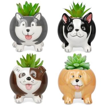 Imagem de BUYMAX Vasos de plantas suculentas de animais, mini plantador de suculentas em forma de cachorro, vaso de cerâmica feito à mão, para plantas, flores, cactos, presente de decoração de casa - pacote com