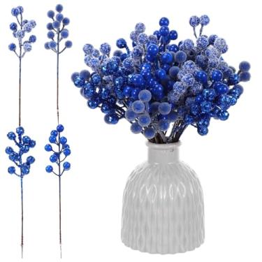 Imagem de Syhood Conjunto de 40 palhetas artificiais de azevinho azul real, 4 estilos, sprays de glitter, bagas falsas na neve, enfeites de galhos de árvore de Natal, enfeites faça-você-mesmo