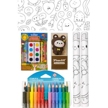 Imagem de Aquarela e Pintura Infantil com Canetinhas, Lápis de Cor e Giz de Cera – Rolos de Papel Adesivo + Livro de Atividades + Apontador fofo – Kit Educativo de Arte para Crianças