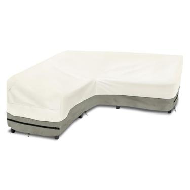 Imagem de okcool Capa de sofá secional à prova d'água em forma de V para móveis de pátio de 5 lugares, área externa, 215,9 cm (C) x 83,5 cm P x 79 cm A, branca e verde acinzentada