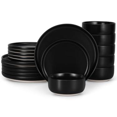 Imagem de LIANYU Conjunto de pratos e tigelas de jantar com 18 peças, conjunto de pratos de cerâmica para 6, pratos de salada de sobremesa de grés, tigelas de cereais, louça resistente a arranhões, pode ser