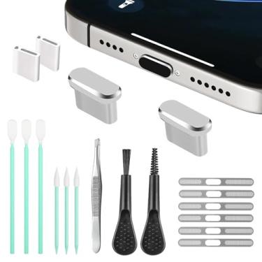 Imagem de Alto-falante para celular, malha de poeira de metal, plugue de porta de carregamento, conjunto de ferramentas de limpeza de escova de limpeza para iPhone16 série 15 (USB C-prata)