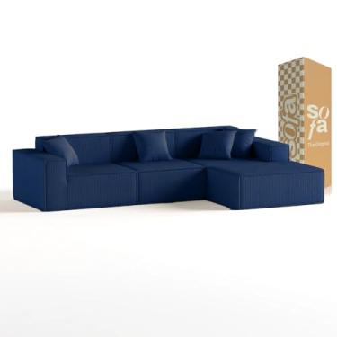 Imagem de Sofá 3 Lugares Modular com 1 Chaise em Tecido Boucé Sofá na Caixa Pelion (Azul)