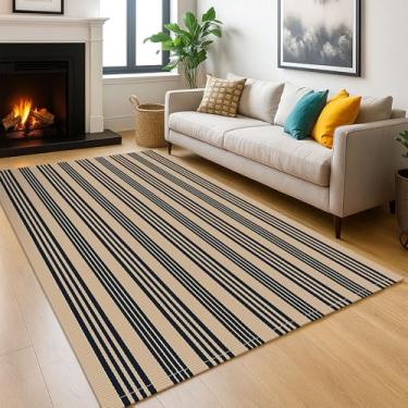 Imagem de KOZYFLY Tapete listrado para uso externo, 1,5 x 1,8 m, marrom e preto, lavável, para ambientes internos e externos, de algodão, para pátio, sala de estar, sala de jantar, quarto