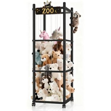 Imagem de Armazenamento de animais de pelúcia, organizador grande de madeira de 56 polegadas com rodas, armazenamento de pelúcia com elástico e fundo de malha, organizadores de armazenamento de brinquedos para