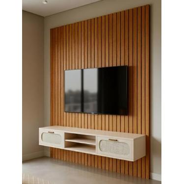 Imagem de Rack Com Painel Ripado Santorini Para Sala 1.80m Com 2 Gavetas Moderna