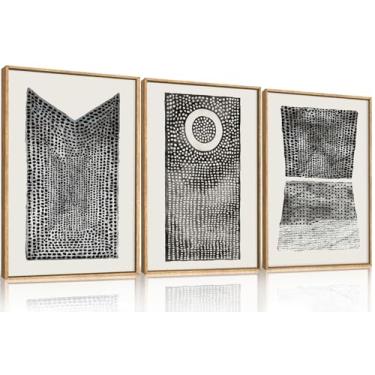 Imagem de DRACIT Conjunto de arte de parede em tela emoldurada com padrão de ponto abstrato, decoração de parede minimalista preto e branco, impressão geométrica neutra, círculo moderno, boho, arte de meados do